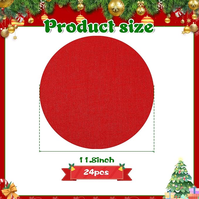 24 Pcs Red Burlap Round Placemats, Christmas Table Mats | Jute Fiber Placemats, 11.8 Inch, Heat Resistant Non Slip, Holiday Weddings Birthday Party, Kitchen Dining Tables