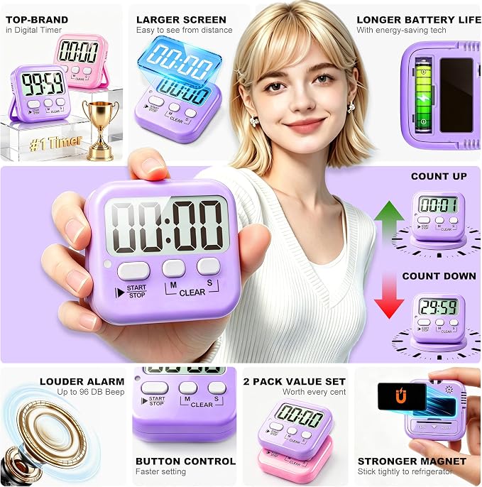 2 Pack Digital Timer for Kids Classroom Kitchen Timers for Cooking | w/ Battery, Easy to View, Alarm, Mute Mode, Count Down/Up, Magnetic, Kickstand, Hanging, Classroom Timer for Teacher Supplies