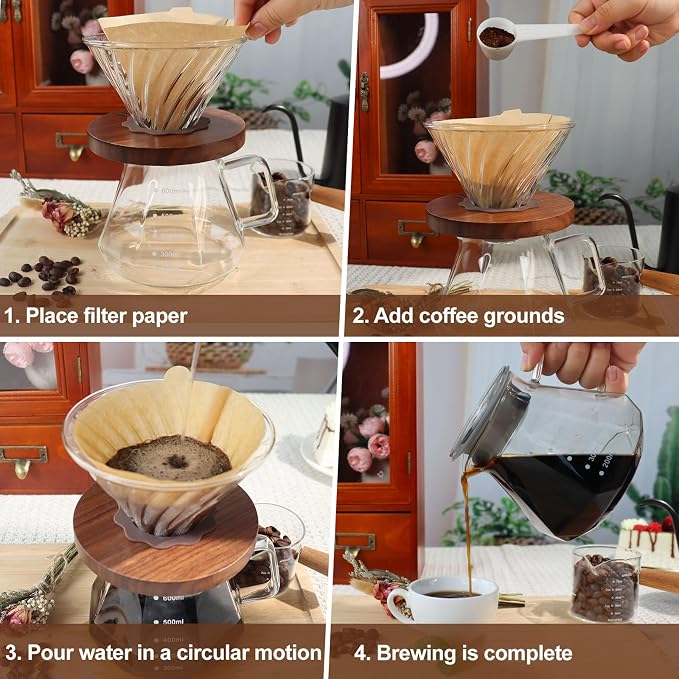 Pour Over Coffee Maker 20.3oz Portable Glass Coffee Maker High Borosilicate Glass Eagle Beak Spout Design with 100 Pcs Filter Paper Walnut Wood Base for Pour Over for Daily Brewing 600ml