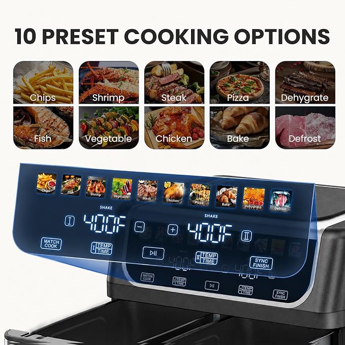 OLIXIS Dual Air Fryers with 2 Baskets 9.5 Quarts Large Airfryer 10-in-1 | Independent Temp Control 80-450°F, Ceramic Crisper Plate, Sync Setting, Shake Reminder, Bake Broil Defrost Dehydrate, Black