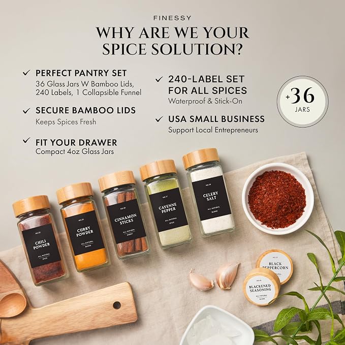 Thick Glass Spice Jars With Bamboo Lids 4 oz, Waterproof Labels, 36 Pack | Empty Spice Bottles With Sift / Pour Shaker Inserts, Airtight Lids And Collapsible Funnel. 200 Pre-Printed Labels, 40 Blanks