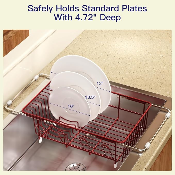 Red Dish Drying Rack Over Sink with Utensil Holder, Drainboard | Expandable Stainless Steel Dish Drainer for Small Kitchen, Apartment, RV, Counter Space Saving, Perfect Fit, Rustproof