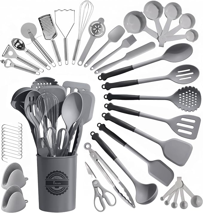 Kikcoin 43 PCS Silicone Kitchen Utensils Set, Dishwasher Safe Kitchen Cooking Utensils Set, 446°F Spatulas Silicone Heat Resistant, Non Toxic Silicone Utensils Set With Two-Tone Grip Handles, Gray