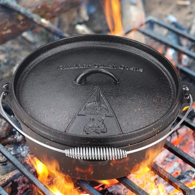 LIFERUN 6.2 Quart Cast Iron Dutch Oven Pot with Lid | Dutch Oven with Stand & Spiral-shaped Handle, Cast Iron Pot without Feet for Outdoor & Indoor