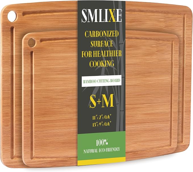 Bamboo Cutting Boards for Kitchen [Set of 2],Carbonized Wood Cutting Board Set with Deep Juice Groove for Chopping Meat, Vegetables, Fruits, Nuts,Lightweight & Durable,Ideal Kitchen Gift