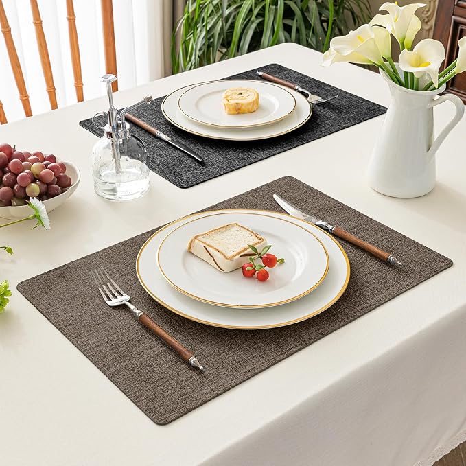 Romanstile Vinyl Placemats Set of 6, Reversible Faux Leather Heat Resistant Wipeable Table Mats, Waterproof Washable Non-Slip Table Placemats for Dining/Kitchen/Party/Outdoor (Grey Brown, 12" x 17")
