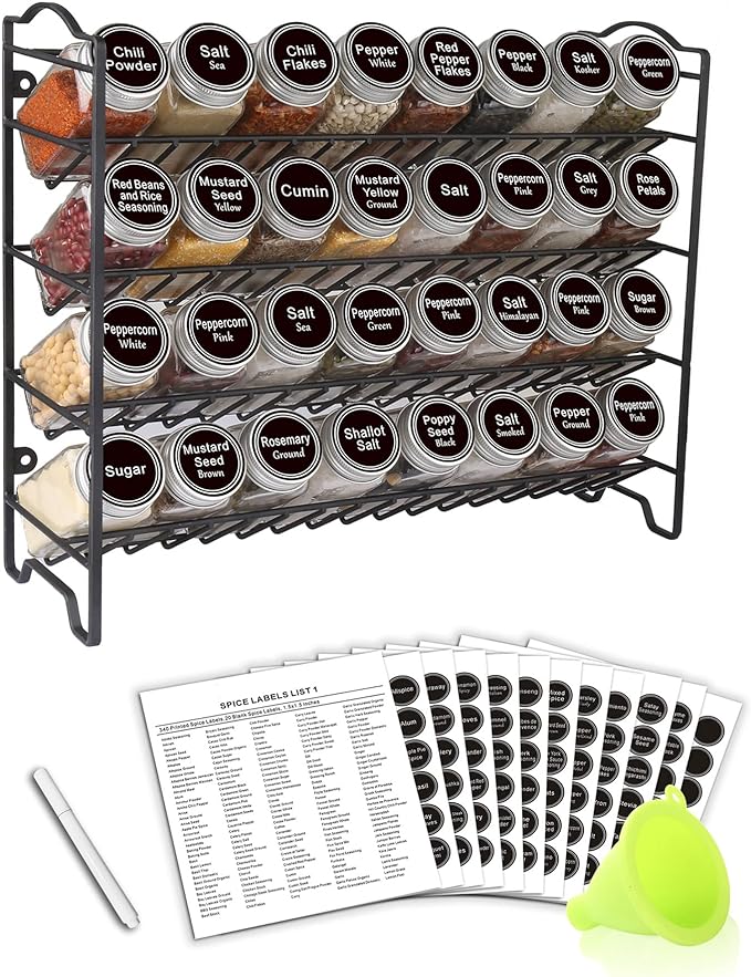SWOMMOLY Spice Rack Organizer with 32 Glass Spice Jars and 396 Spice Labels | Chalk Marker, Funnel - Spice Organizer for Cabinet, Countertop, Pantry, Cupboard & Wall Mount, 14.8" W × 12.6" H, Black