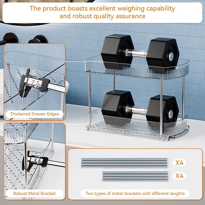 2 Pack Large Pull Out Bathroom Organizers and Storage,2 Tier 12.8″ Tall Sliding Kitchen Under Sink Organizer for Cleaning Products Storage,Acrylic Clear Bathroom inder Sink Organizer,Undersink Storage