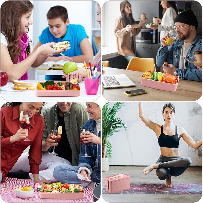 35Pcs Bento Box Japanese Lunch Box Kit Leakproof Lunchbox, Pink | Wheat straw 3 layer stackable lunch container with compartments and lunch bag for kids adults teens meal prep school office