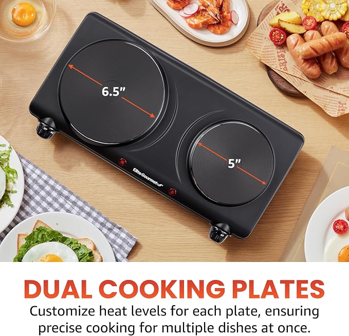 Elite Gourmet EDB-302BF# Double Cast Iron Burner, 1500W Hot Plate, Black | Adjustable temperature control, power indicator lights, easy-to-clean surface, countertop design
