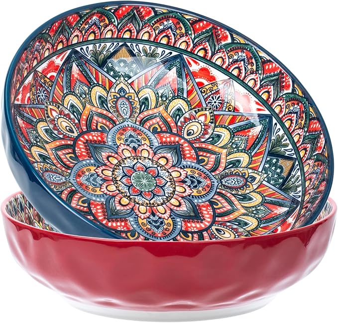 75 Oz Serving Bowls,Bohemian Style Large Porcelain Dishes for Entertaining Parties,Big Bowls for Eating Soup, Salad, Pasta, Fruit, Chips, 10.3 Inch Diameter (blue.red)