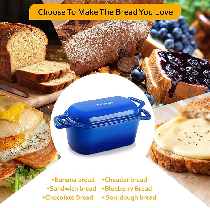 Velaze 3.6 QT Oval Cast Iron Dutch Oven for Bread Baking, Offset Handles | Bread Pan with Lid for Sourdough Sandwich,Small Households Baking,Gift for Bread Bakers,Deep Base,Oven Safe,Blue