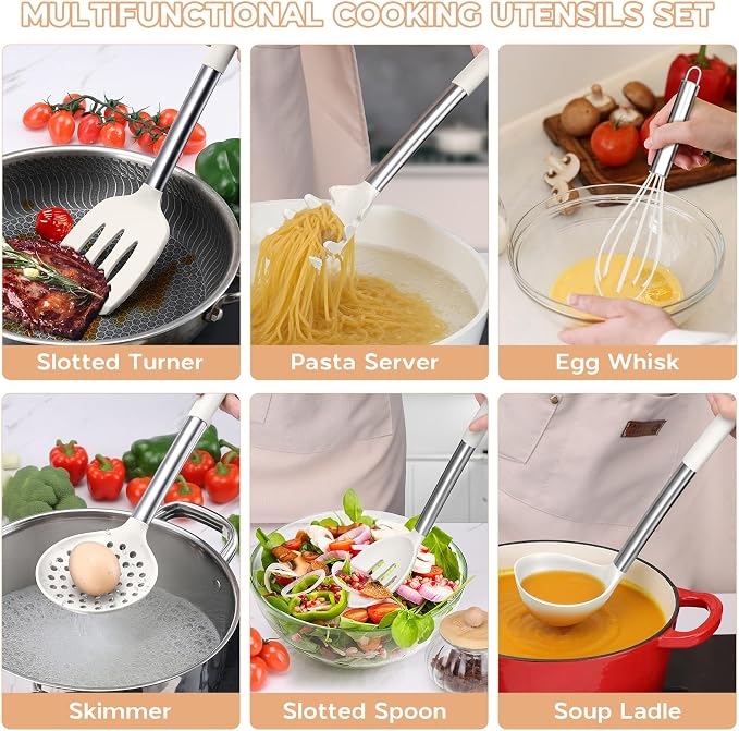 Onader 10 Pieces Silicone Kitchen Utensils Set, Cooking Utensils with Holder and Heat Resistant Stainless Steel Handle for Nonstick Cookware -White