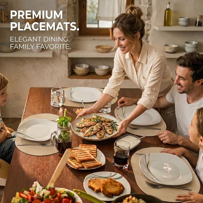 Faux Leather Placemats Set of 4, Wipeable Waterproof Stain Resistant Table Mats, Heat Resistant Thick Placemats with Hand-Painted Edges for Kitchen Dining, Imitative Linen Texture, Various Shapes