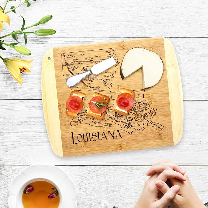 Totally Bamboo A Slice of Life Louisiana Engraved Map Cutting Board | 11” x 8.75” charcuterie board with engraved state map artwork. Smooth reverse side for food prep. Hang tie for wall display.