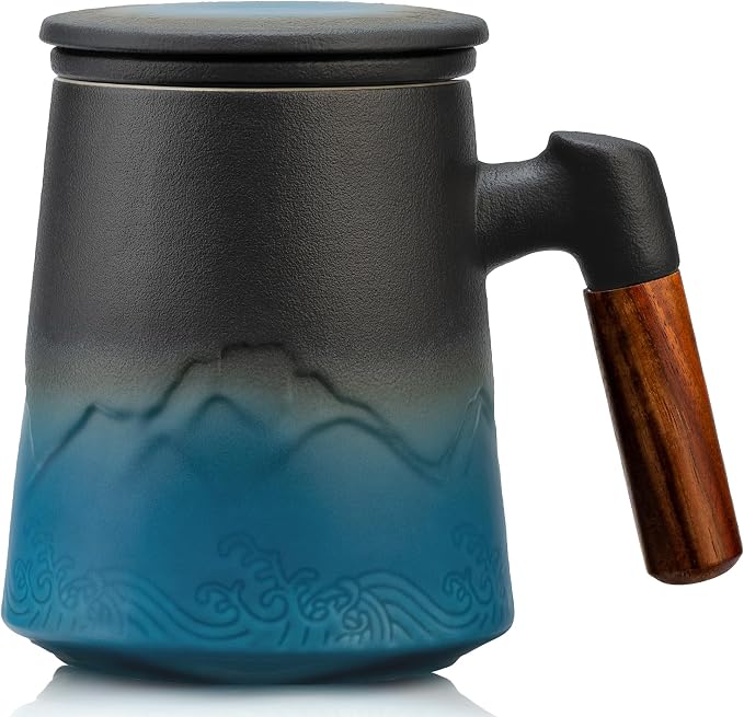 suyika Tea Cup with Infuser and Lid, Gradient Black & Blue, 15.2oz /450ml | Ceramic Mug, Wood Handle, For Loose Leaf Tea