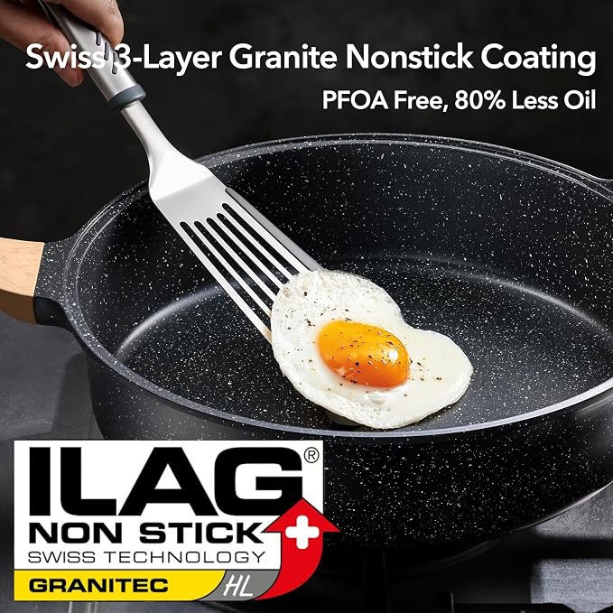 Deep Nonstick Frying Pan with Lid, 4.5 QT Swiss Granite Coating Sauté Pan, 12 Inch Healthy Non Stick Skillet Cooking Pan and Helper Handle with Silicone Cover, PFOA Free, Induction Ready.