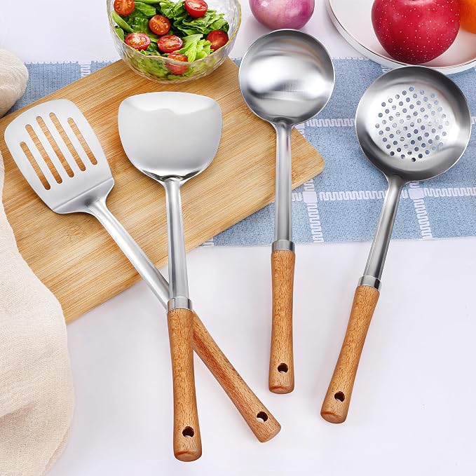 Pleafind 4-Pcs Cooking Utensils Set, Stainless Steel Kitchen Utensils with Wooden Handle, Kitchen Essentials Set Include Wok Ladle, Slotted Spoon, Wok Spatula and Slotted Spatula, Dishwasher Safe