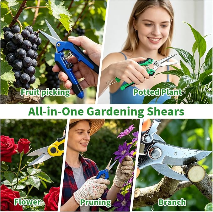 HoMaNa 4 Pack Garden Shears Pruning Set, Stainless Steel Multi-Blade | Sharp stainless steel blades with safety lock, spring ergonomic grips reduce hand strain, for flowers, bonsai garden
