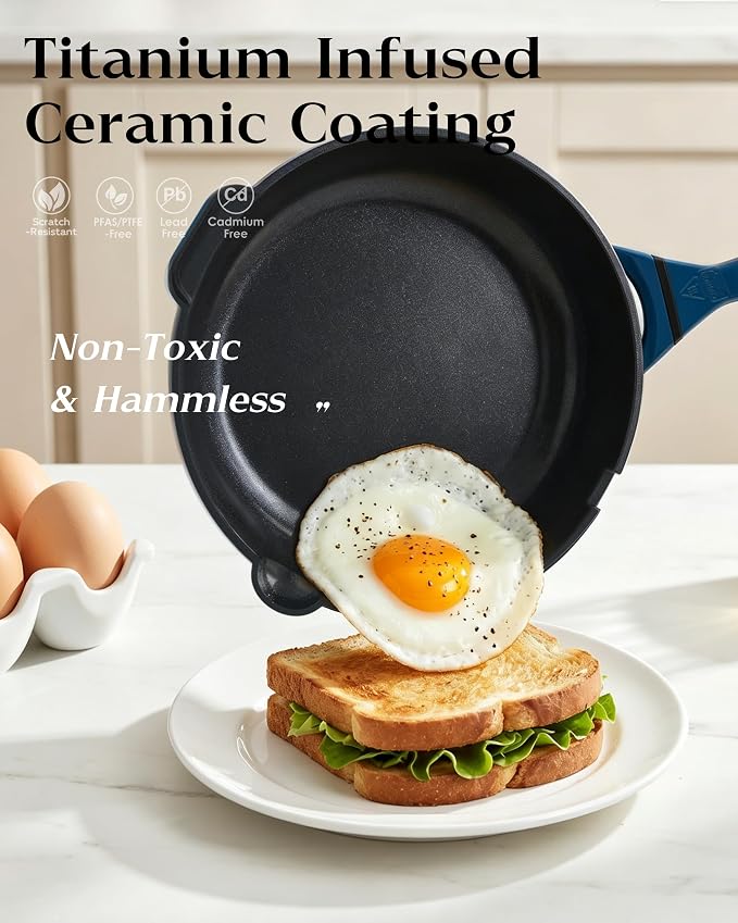 FDN 8" Ceramic Non Stick Frying Pans With Lid, Titanium Pans for Cooking, Non-Toxic PFAS-Free, Induction & Oven-Safe Cookware, Blue For Daily Cooking