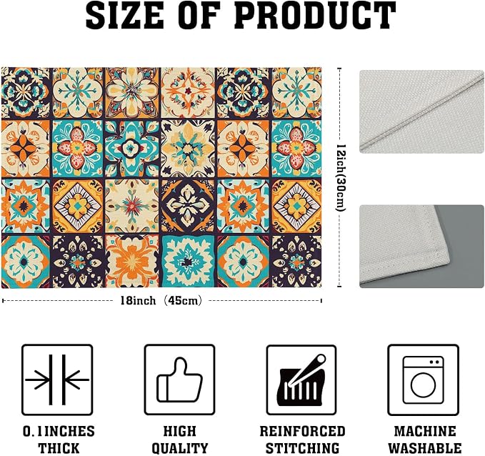 Boho Floral Placemats Set of 4, Retro Flower Geometric Place Mat Bohemian Floral Cloth Tablemats Non-Slip Washable Tabletop Mat 12x18 Inch for Indoor Outdoor Dining Party Table Decor