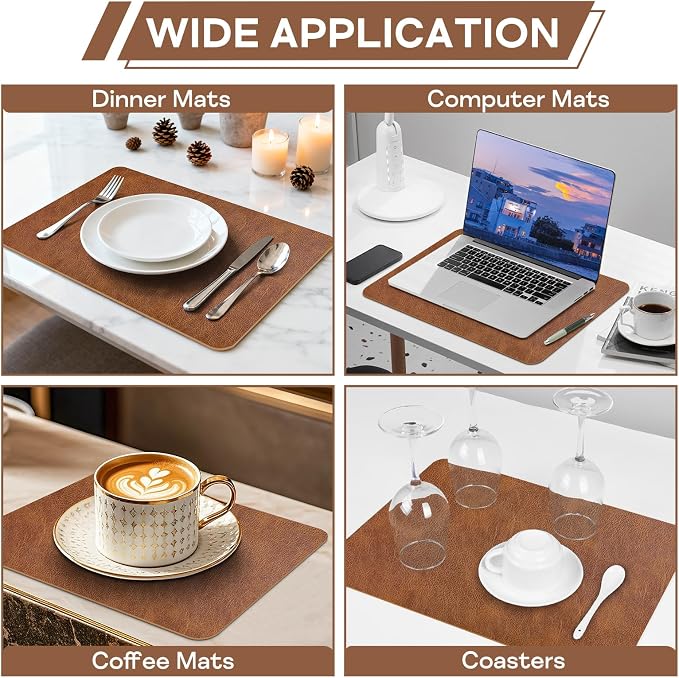 Faux Leather Placemats Set of 6 Heat Resistant Table Mats 17×12 Inch | Waterproof & Wipeable Place Mats Set of 6 Dual Sided Table Placemats for Kitchen Dining Indoor & Outdoor 43×30CM ReddishBrown