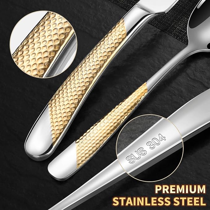 20-Piece Hammered Silver Gold Silverware Set for 4,18/10 Stainless Steel Flatware Set with Serrated Forged Knives,Heavy Duty Cutlery Set for Home & Party,Mirror Polished, Dishwasher Safe