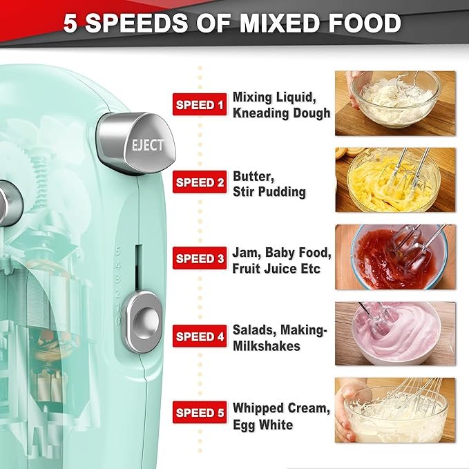 Lord Eagle Hand Mixer Electric Handheld 400W,5-Speed Lightweight, Green | Kitchen Mixer with Storage Case, 5 Stainless Steel Attachments for Baking Cake Egg Cream Food Beater, Turbo+Eject Button