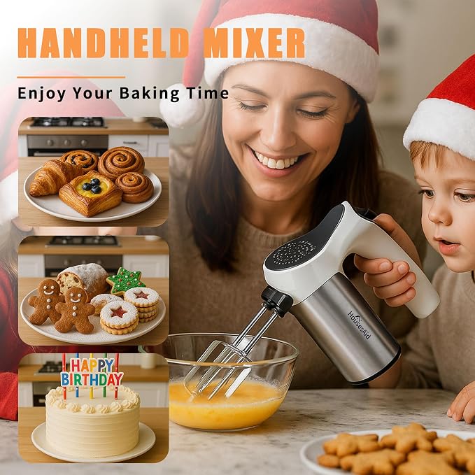 200W Hand Mixer, Lightweight Electric Mixer with Turbo Function, 5-Speed Handheld Mixer for Whipping, Folding, and Dough Kneading, Compact Storage with Attachments (white)