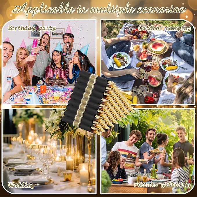120Pack Pre Rolled Black and Gold Plastic Silverware Set | Heavy Duty Disposable Wrapped Cutlery with Napkin Gold Plastic Utensils for Wedding, Birthday, Party& Banquet