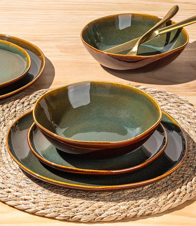 GBHOME Stoneware Dinnerware Sets for 4,12 Piece Rustic Plates and Bowls Set | Earthenware Handmade Reactive Glaze Plate Sets, Chip Resistant Ceramic Dishes, Microwave & Dishwasher Safe, Olive Maroon