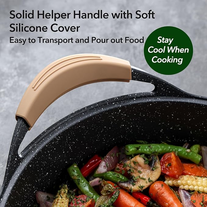 Deep Nonstick Frying Pan with Lid, 4.5 QT Swiss Granite Coating Sauté Pan, 12 Inch Healthy Non Stick Skillet Cooking Pan and Helper Handle with Silicone Cover, PFOA Free, Induction Ready.