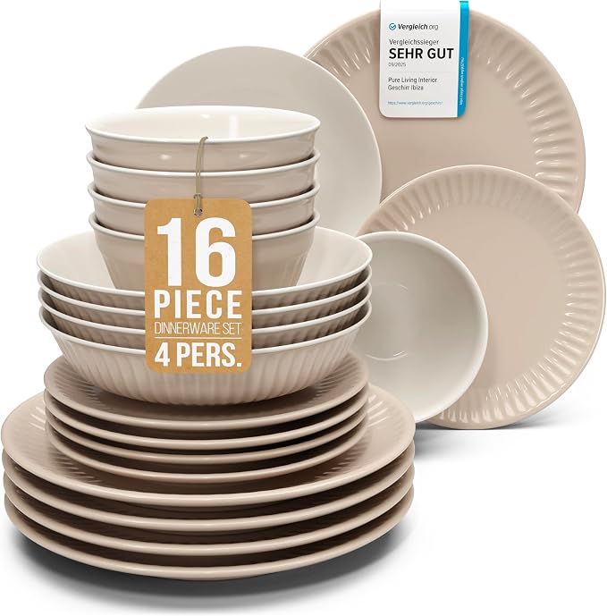 Stoneware Dinnerware Set for 4 People HYGGE 16-Piece - Elegant Scandi Design - Premium Dish Set - Bowl and Plate Set - Tableware for 4 People in a Ribbed Design - Pure Living in Light Brown