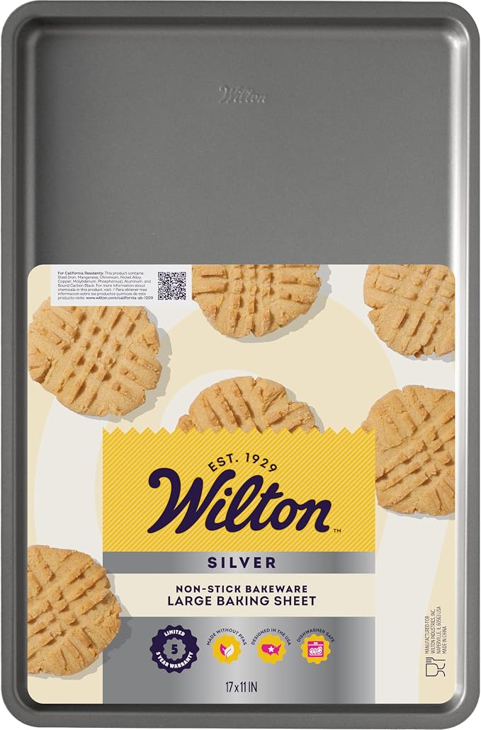 Wilton Silver Non-Stick Large Baking Sheet, Made Without PFAS, 17x11.5 in. | Non-Stick Steel Bakeware, Dishwasher Safe with 5-Year Limited Warranty, Perfect for Cookies, Roasting & Sheet Pan Meals