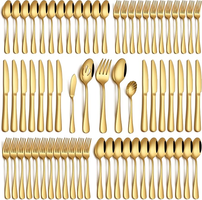 PHILIPALA 65 Piece Gold Silverware Set with Serving Utensils, Stainless Steel Flatware Set for 12 Food Grade Novelty Cutlery Utensil Set Include Knife Fork Spoon Mirror Polished Dishwasher Safe