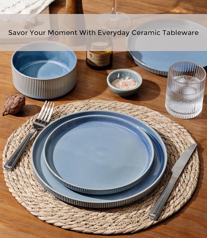 GBHOME Stoneware Dinnerware Sets for 4, 12-Piece Plates and Bowls Set | Handmade Reactive Glaze Ceramic Dish Set, Scratch Resistant, Dishwasher&Microwave Safe,Alaskan Blue