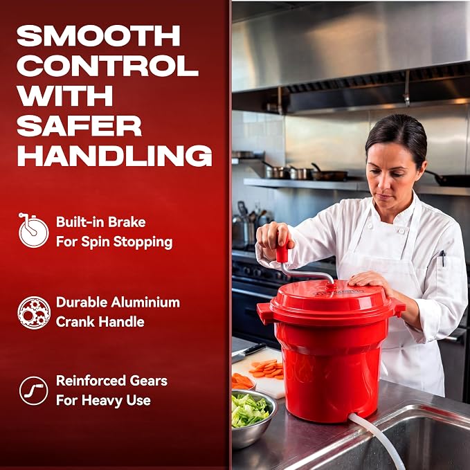 2.5 Gallon Chef Master Commercial Salad Spinner Dryer – Manual Lettuce Spinner and Fruit Washer Bowl with Strainer - Sealed Gearbox, Built In Brake System - Durable Spinner Mechanism - 90012