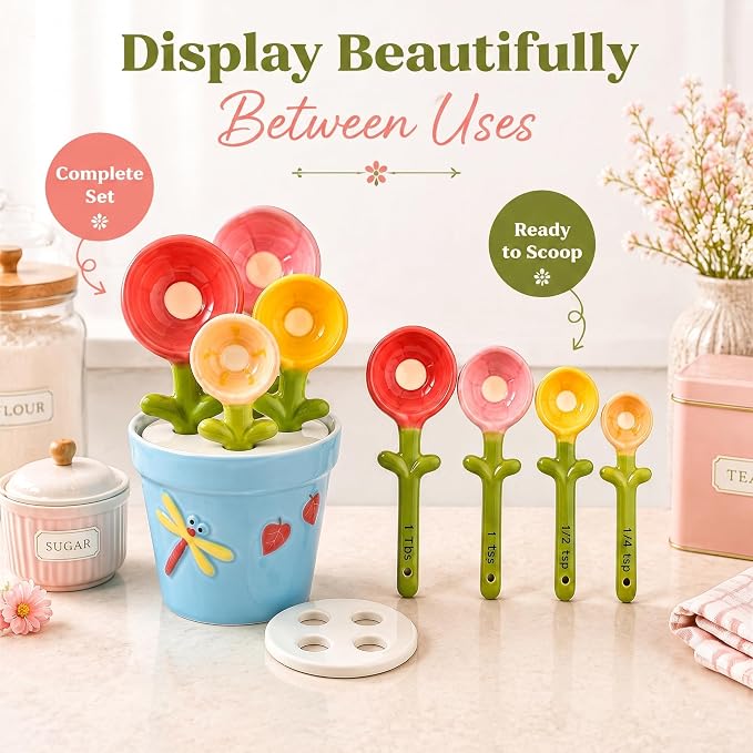 Cute Flower Ceramic Measuring Spoons Set with Base, Kitchen Decorate Gifts | Small Flower Pot Measuring Spoons and Cups with Holder, Home Baking Gifts Blue
