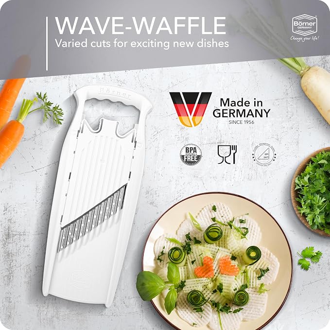 Börner by Reston Lloyd Wave-Waffle Power Line • Crinkle Cut/Spirelli Vegetable Slicer • Slicer for Wave Waffle Cut Style • Multiple Thickness Options • Made in Germany, White
