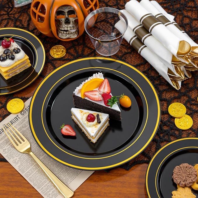 175PCS Black and Gold Plates - Black Disposable Plates for Party - 25Guests Disposable Dinnerware Set for Wedding/Party/Birthday/Halloween