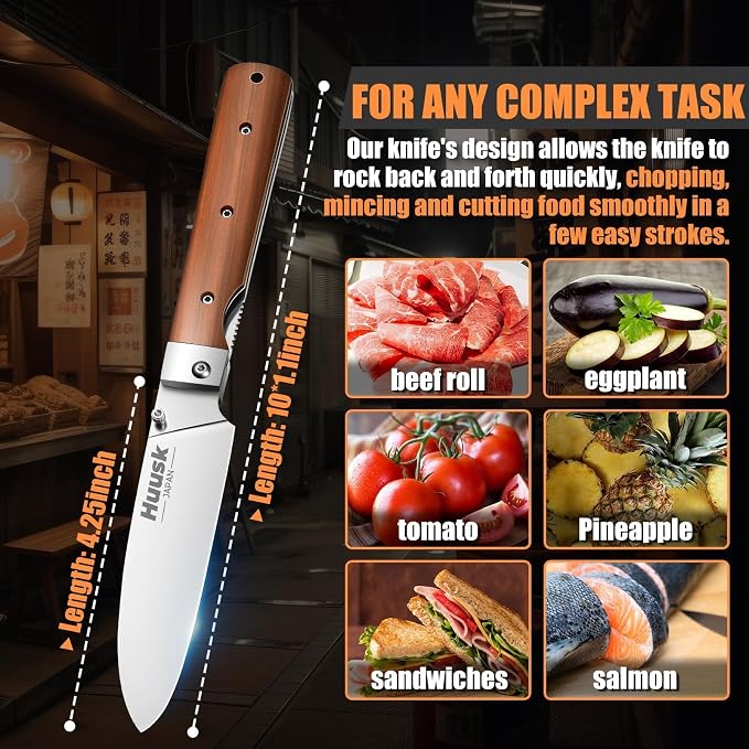 Huusk Folding Chef Pocket Knife-Japanese Santoku Knive, edc Kitchen Knives | 440C Stainless Steel, Ultra Sharp Blade, Wooden Handle, Gift Box, Portable Meat Knives for Vegetable