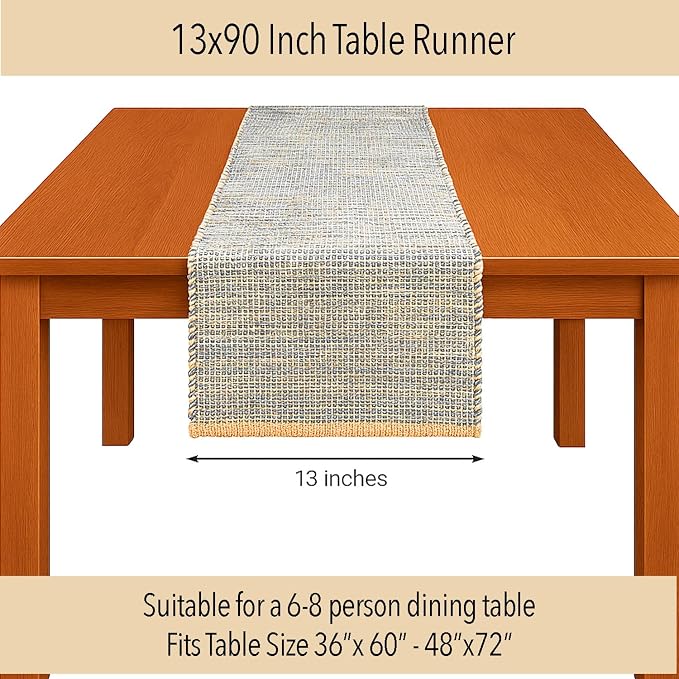 Natural Jute Table Runner 13x90 Inch – Vintage Boho Rustic Table Decor – Handwoven Table Runner in Natural Jute and Grey – Farmhouse Dining or Console Table Accent