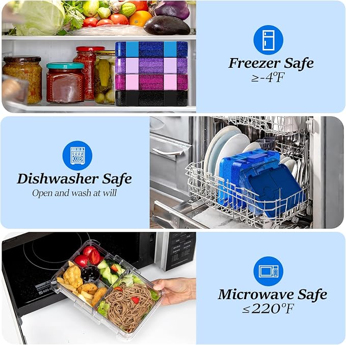 Bento Lunch Box for Kids, 5/6 Compartments, Shiny Blue and Clear | Dishwasher Safe Back to School Snack Bento Lunch Containers Boxes, Ideal Portion Sizes for On-the-Go Meal, Ages 3+, School