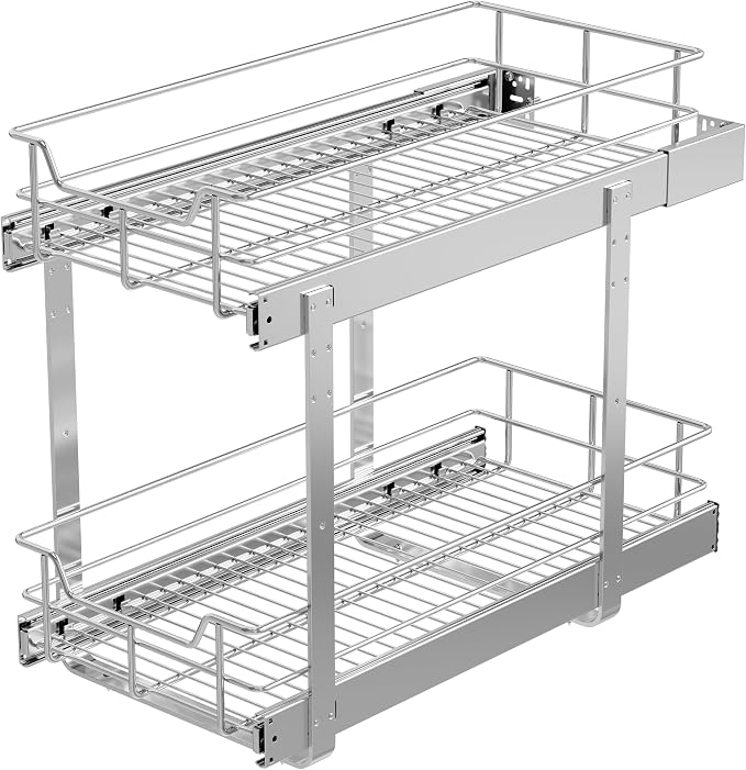2 Tier Pull Out Cabinet Organizer 11" W X 22" D, Chromed, Full Slide Out | For Kitchen Organizers and Storage, Pull Out Drawers For Cabinets Capacity Heavy Duty Caddy, Cabinet Shelves, Bathroom Pantry