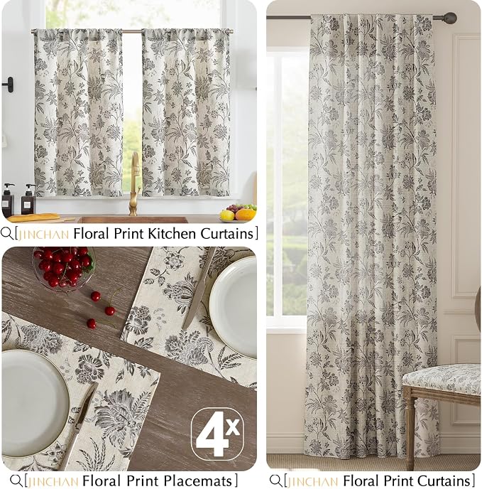 JINCHAN Sliva Linen Floral Placemats Set of 4 Farmhouse 13x19 Inch Grey | Fabric Placemats, Cottage Style, Painterly Floral Pattern, Machine Washable, Easy to Store, Reusable