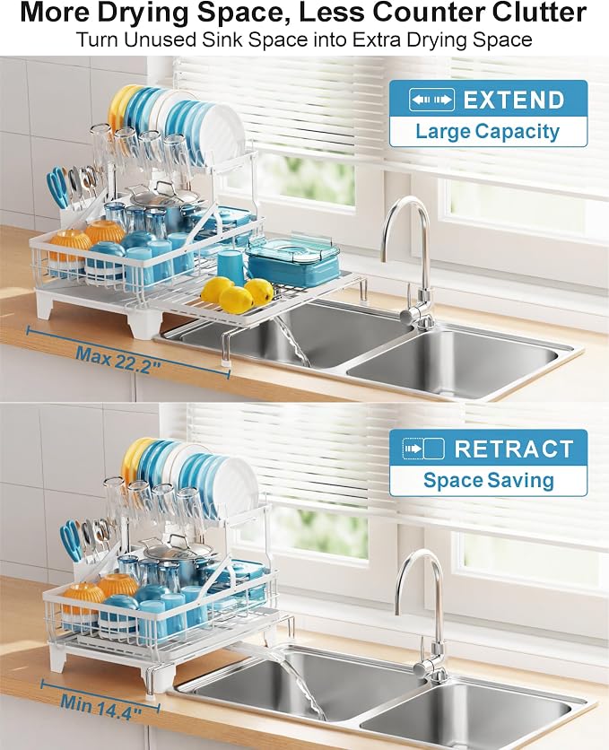 Large Expandable 2 Tier Dish Drying Rack - Over Sink & Counter Use | Extendable Drying Space, Auto-Drain Spout, Stable Screw-Fixed Frame, Cup & Utensil Holder, Rust-Resistant Kitchen Rack, White