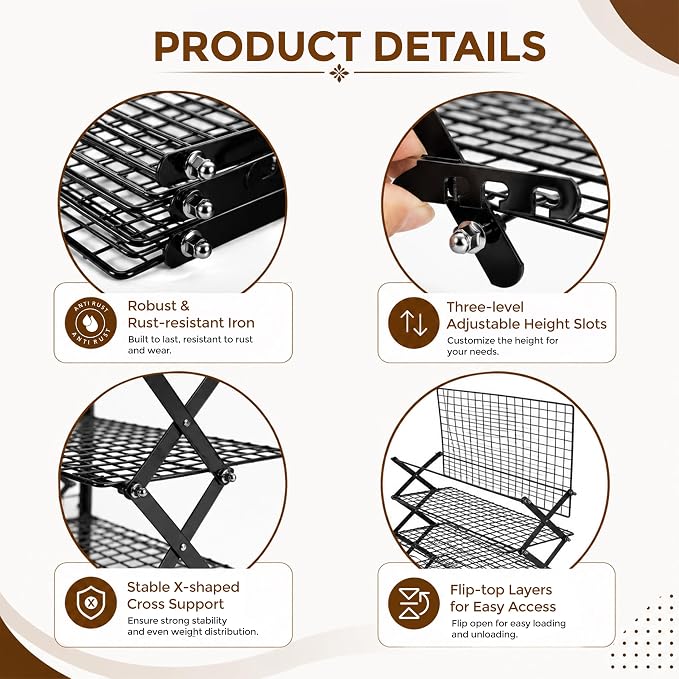 4 Tier Collapsible Cooling Rack for Baking, Tiered & Stackable | Includes 12-piece stainless cookie cutter set. Locks in place at 3 adjustable heights. Folds flat to 2.5in to store.