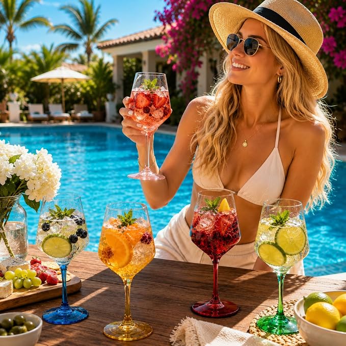 European Style Plastic Crystal Unbreakable Stemmed Wine Glasses | Set of 12 | Acrylic Glasses Tritan Bright Colors Shatterproof BPA-free, Outdoor, Pool, Indoor, Hand Wash 17oz Gift, Everyday & Holiday
