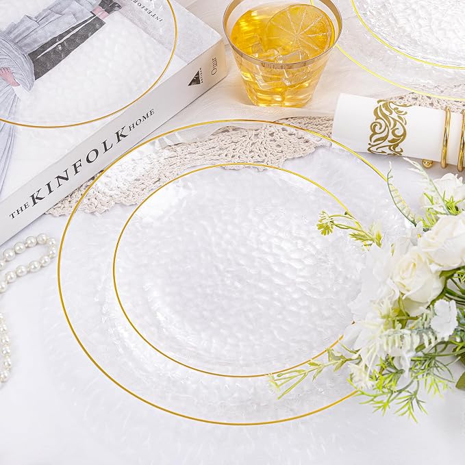Rubtlamp 175 Pcs Plastic Dinnerware Set (25 Guests), Clear And Gold Plastic Plates, Hammered Party Plates Include Dinner Platos, Dessert Platos, Cups, Gold Cutlery Set And Napkins for Party