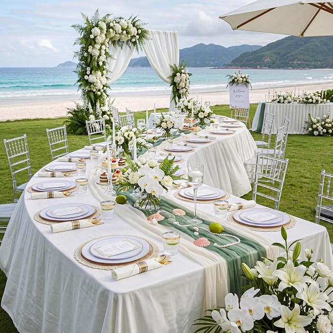 KIRE 350 PCS White and Gold Plates - Plastic Dinnerware Set for Wedding | Include 100PCS White Plastic Plates With Gold Rim, 50PCSPre Rolled Napkins with Silverware & 50PCS Cups for Party
